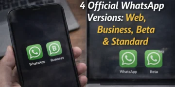 4 official WhatsApp versions showing standard WhatsApp and business on smartphone and web and beta on computer