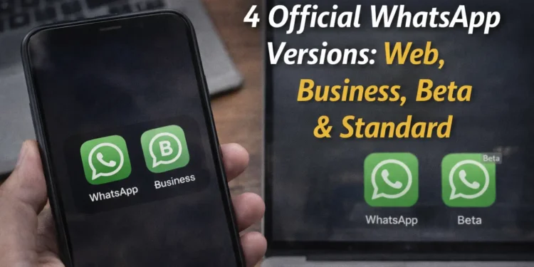 4 official WhatsApp versions showing standard WhatsApp and business on smartphone and web and beta on computer