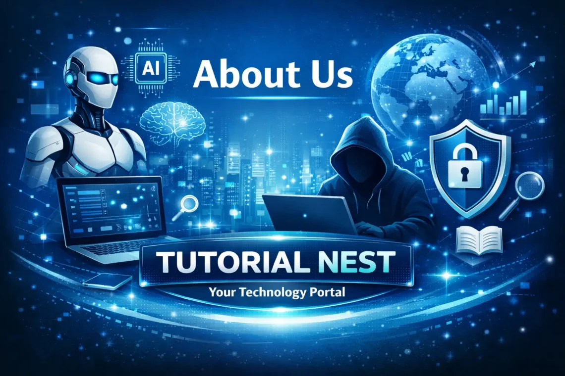 Tutorial Nest technology portal about us page showing AI, cybersecurity, and digital innovation concepts with modern tech visuals