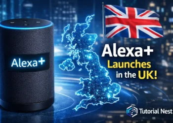 Amazon Alexa+ launches in the UK with new AI features, showing a smart speaker, UK map, and Tutorial Nest branding.