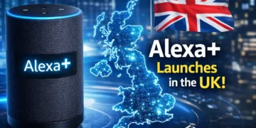 Amazon Alexa+ launches in the UK with new AI features, showing a smart speaker, UK map, and Tutorial Nest branding.