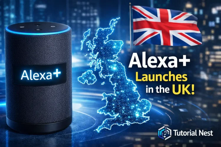 Amazon Alexa+ launches in the UK with new AI features, showing a smart speaker, UK map, and Tutorial Nest branding.