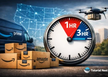 Amazon fast delivery with 1-hour and 3-hour options in the US, showing Amazon boxes, delivery van, drone, and Tutorial Nest logo.