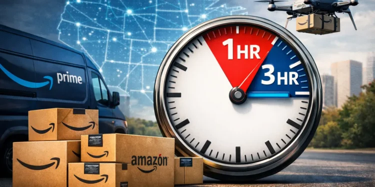 Amazon fast delivery with 1-hour and 3-hour options in the US, showing Amazon boxes, delivery van, drone, and Tutorial Nest logo.