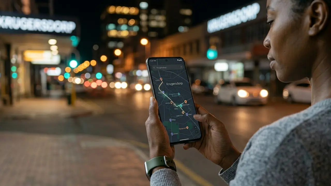 Person using Apple Maps on smartphone at night in city environment searching for nearby locations