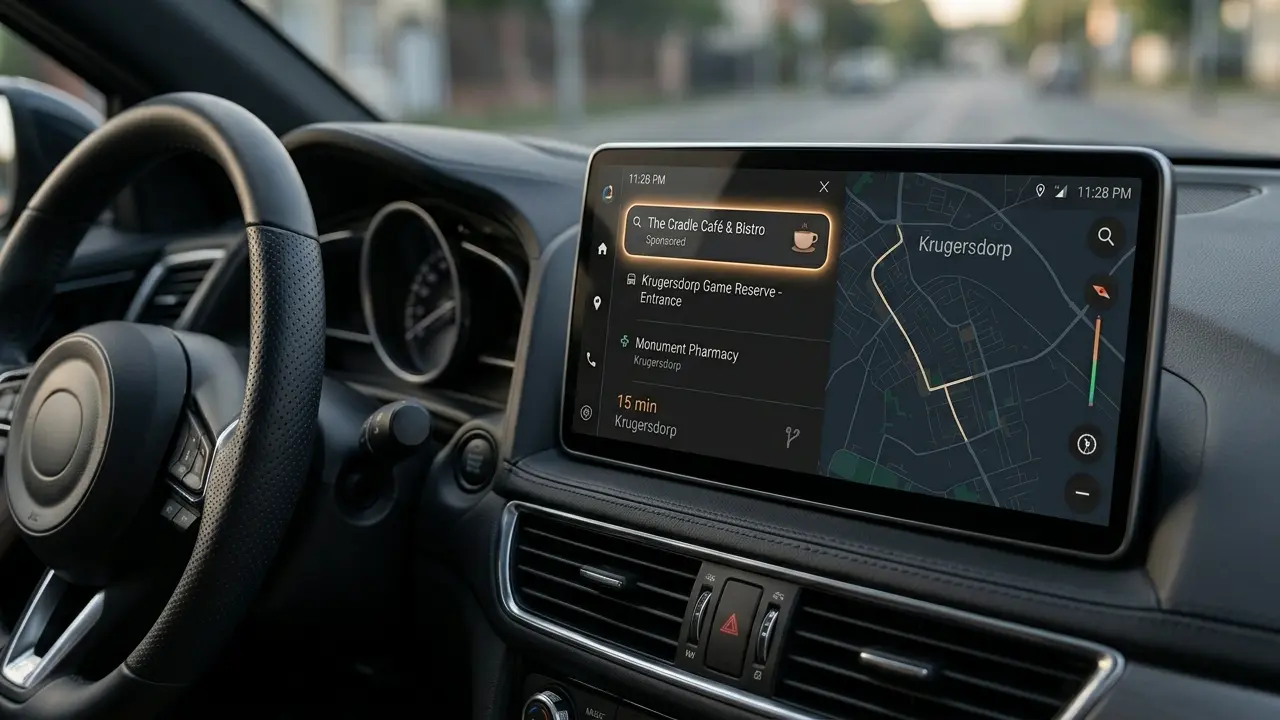 Apple Maps sponsored result displayed on a car infotainment screen with navigation interface