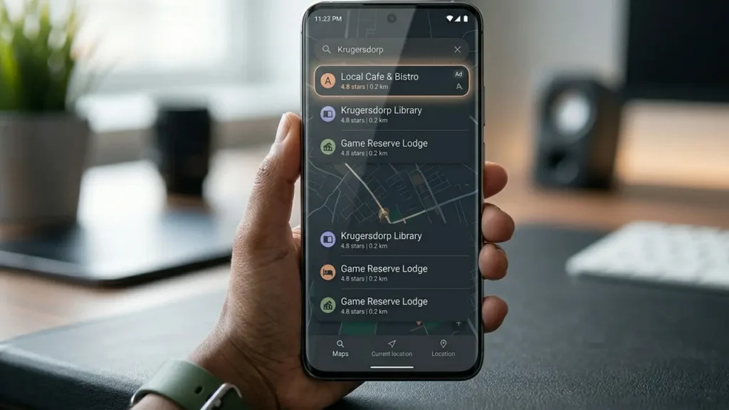 Apple Maps Paid Ads to Launch This Summer Across US and Canada Apple Maps showing sponsored search results with highlighted paid business listing on smartphone screen