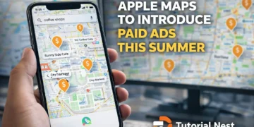 Apple Maps paid ads showing location-based advertising on smartphone with business listings and sponsored map results