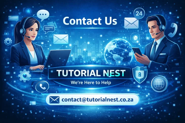 Tutorial Nest contact page showing customer support, communication tools, and technology assistance with email contact and digital icons