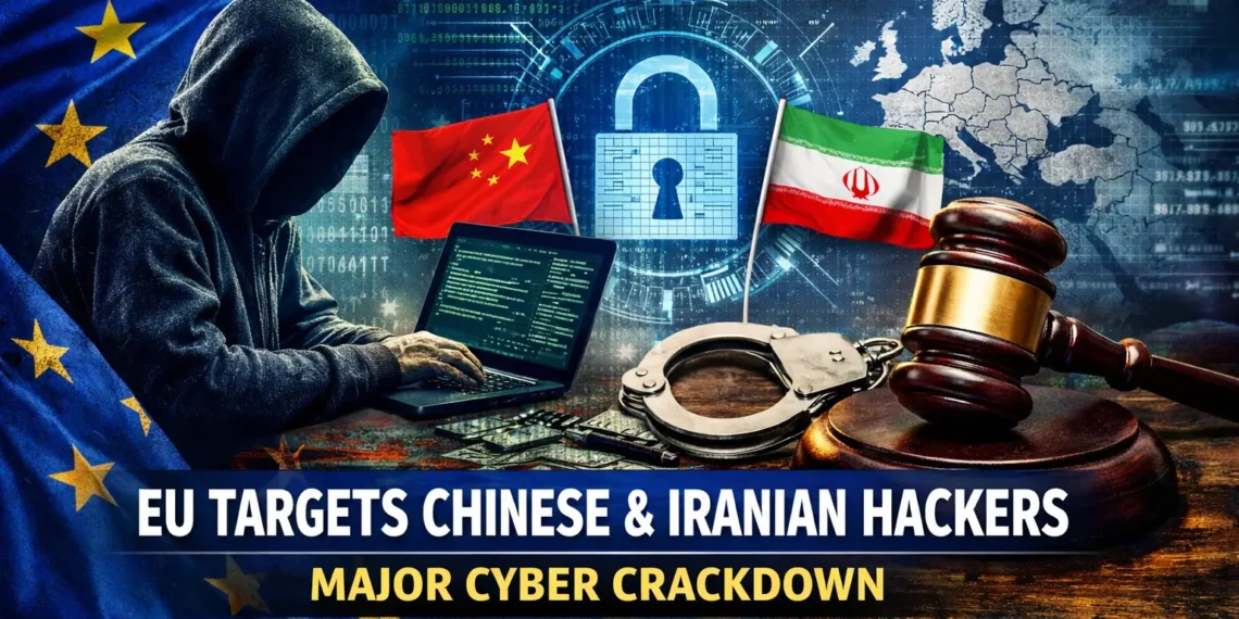 EU cyber crackdown hackers targeting Chinese and Iranian cyber groups with digital security symbols and law enforcement elements, Tutorial Nest branding