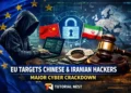 EU cyber crackdown hackers targeting Chinese and Iranian cyber groups with digital security symbols and law enforcement elements, Tutorial Nest branding