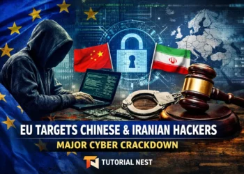 EU cyber crackdown hackers targeting Chinese and Iranian cyber groups with digital security symbols and law enforcement elements, Tutorial Nest branding