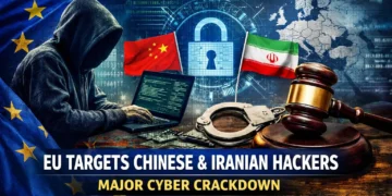 EU cyber crackdown hackers targeting Chinese and Iranian cyber groups with digital security symbols and law enforcement elements, Tutorial Nest branding