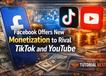 Facebook Offers New Creator Monetization Program to Rival TikTok and YouTube, showing logos of Facebook, TikTok, and YouTube with coins and the Tutorial Nest logo.