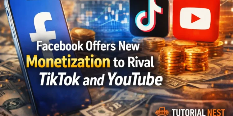 Facebook Offers New Creator Monetization Program to Rival TikTok and YouTube, showing logos of Facebook, TikTok, and YouTube with coins and the Tutorial Nest logo.
