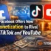 Facebook Offers New Creator Monetization Program to Rival TikTok and YouTube, showing logos of Facebook, TikTok, and YouTube with coins and the Tutorial Nest logo.