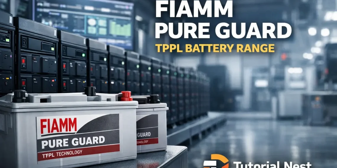 FIAMM Pure Guard TPPL battery range showing industrial energy storage system with advanced backup power and TPPL technology