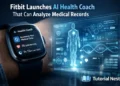 Fitbit AI Health Coach on smartwatch analyzing medical records, displaying biometric data and health charts