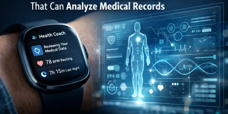 Fitbit AI Health Coach on smartwatch analyzing medical records, displaying biometric data and health charts