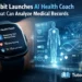 Fitbit AI Health Coach on smartwatch analyzing medical records, displaying biometric data and health charts
