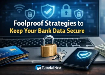 Bank Data Secure: Foolproof Strategies to Keep Your Safe Professional digital illustration showing online banking security with laptop, smartphone, credit cards, padlock, and shield icons. Tutorial Nest logo included.