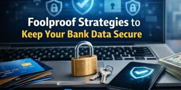 Bank Data Secure: Foolproof Strategies to Keep Your Safe Professional digital illustration showing online banking security with laptop, smartphone, credit cards, padlock, and shield icons. Tutorial Nest logo included.