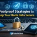 Bank Data Secure: Foolproof Strategies to Keep Your Safe Professional digital illustration showing online banking security with laptop, smartphone, credit cards, padlock, and shield icons. Tutorial Nest logo included.