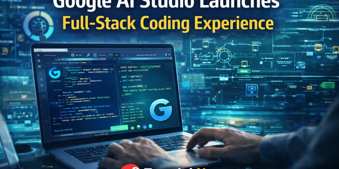 Google AI Studio full-stack coding experience showing developer using AI coding interface with automated code generation and digital workflow