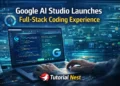 Google AI Studio full-stack coding experience showing developer using AI coding interface with automated code generation and digital workflow