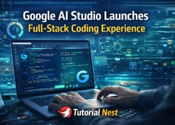 Google AI Studio full-stack coding experience showing developer using AI coding interface with automated code generation and digital workflow