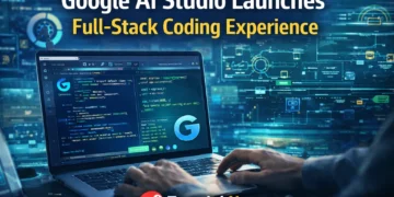 Google AI Studio full-stack coding experience showing developer using AI coding interface with automated code generation and digital workflow