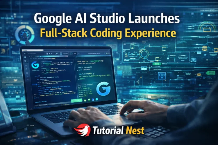 Google AI Studio full-stack coding experience showing developer using AI coding interface with automated code generation and digital workflow