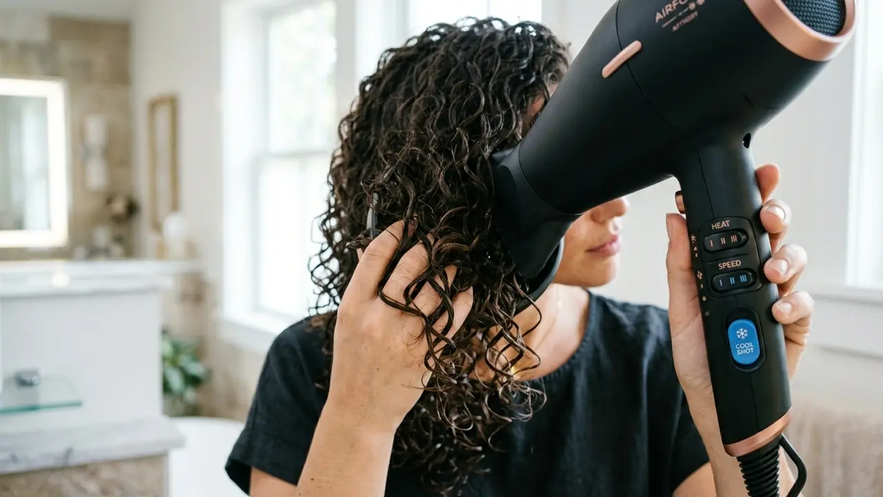 Close-up of hair dryer heat speed and cool shot settings used on curly hair