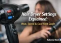 hair dryer settings explained showing heat speed and cool shot buttons on a modern styling tool