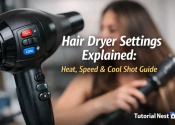 hair dryer settings explained showing heat speed and cool shot buttons on a modern styling tool