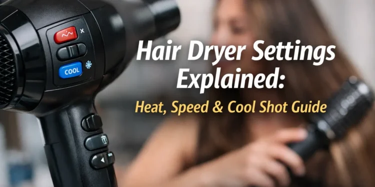 hair dryer settings explained showing heat speed and cool shot buttons on a modern styling tool