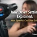 hair dryer settings explained showing heat speed and cool shot buttons on a modern styling tool