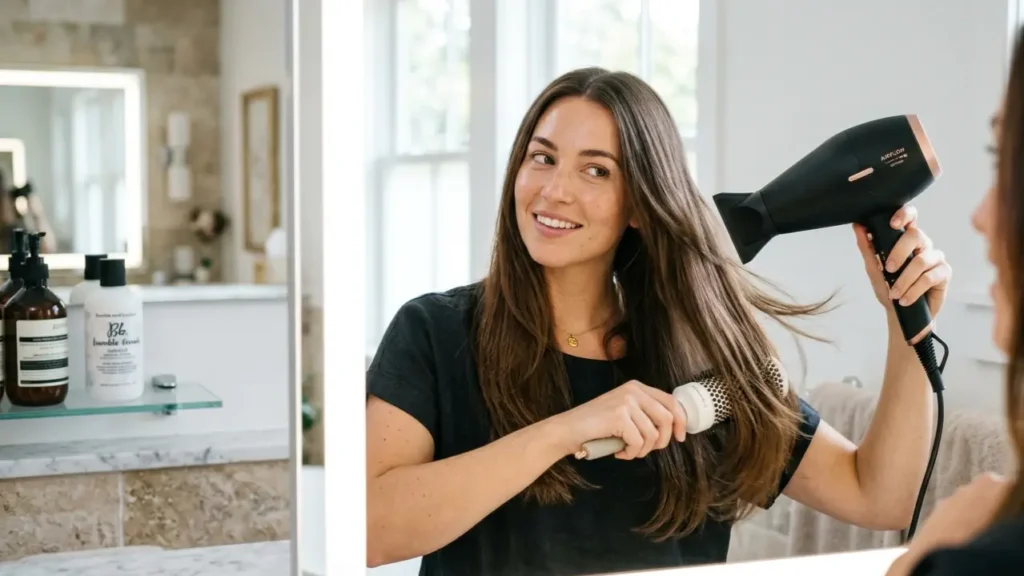 Hair Dryer Settings Explained for Every Hair Type and Better Results Woman using a hair dryer and round brush for smooth hair styling at home