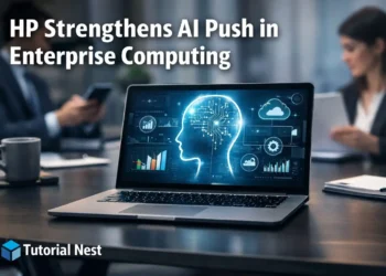 HP AI enterprise computing laptop showing artificial intelligence interface in a modern business office environment