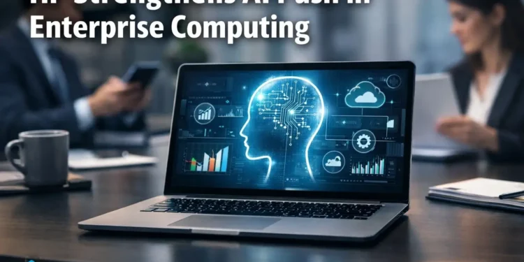 HP AI enterprise computing laptop showing artificial intelligence interface in a modern business office environment