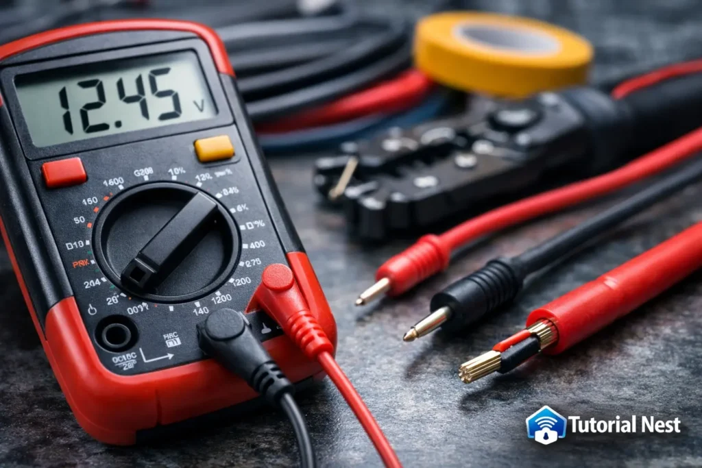 How to Identify Positive and Negative Wires Safely Multimeter used to identify positive and negative wires safely in an electrical setup