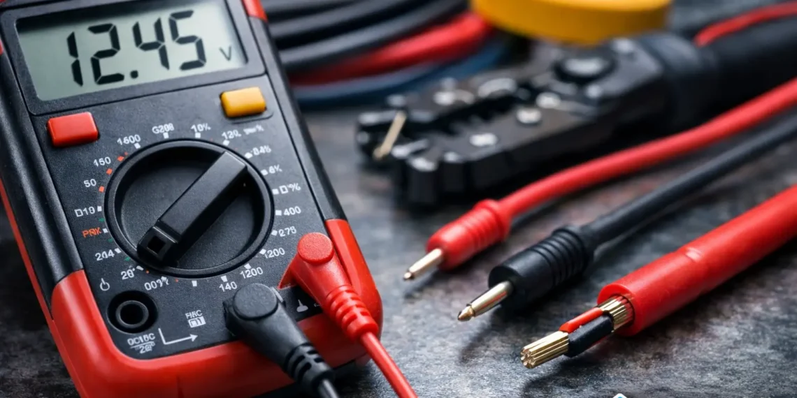 Digital multimeter displaying 12.45V with red and black wires connected, demonstrating how to safely identify positive and negative electrical wires. Tutorial Nest logo in the lower corner.
