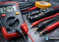 Digital multimeter displaying 12.45V with red and black wires connected, demonstrating how to safely identify positive and negative electrical wires. Tutorial Nest logo in the lower corner.