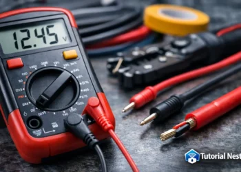 Digital multimeter displaying 12.45V with red and black wires connected, demonstrating how to safely identify positive and negative electrical wires. Tutorial Nest logo in the lower corner.