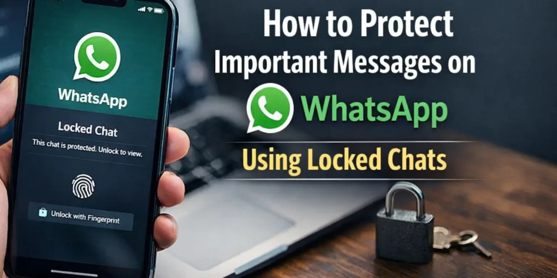 Smartphone showing Locked Chats on WhatsApp to protect messages, Tutorial Nest logo.