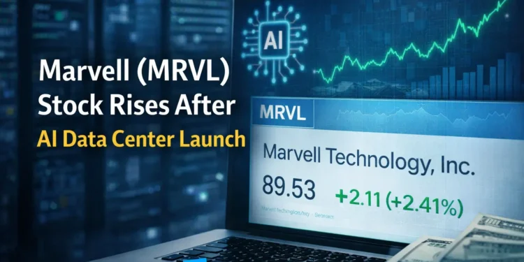 MRVL stock analysis showing Marvell Technology growth after AI data center launch, displayed on laptop with financial data and Tutorial Nest branding