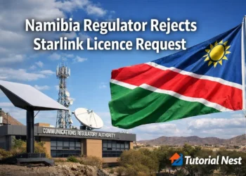 Namibia rejects Starlink licence request showing satellite dish, telecom regulation authority, and internet infrastructure in Africa