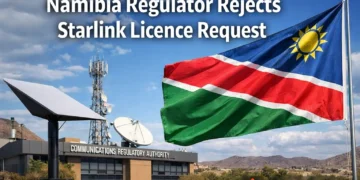 Namibia rejects Starlink licence request showing satellite dish, telecom regulation authority, and internet infrastructure in Africa