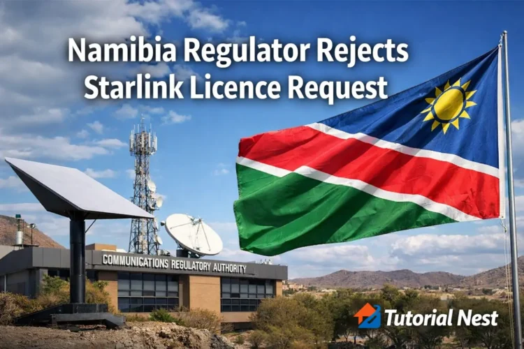 Namibia rejects Starlink licence request showing satellite dish, telecom regulation authority, and internet infrastructure in Africa