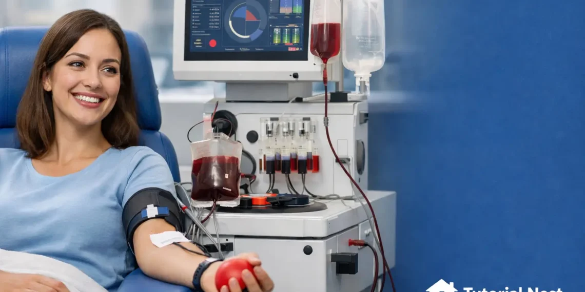 Woman donating blood using advanced medical device in modern laboratory setting for community blood bank